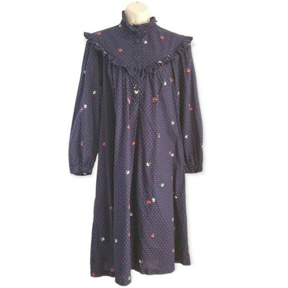Vintage Dress Navy Blue Polka Dot Floral Ruffle Bib Long Sleeve Maxi Prairie